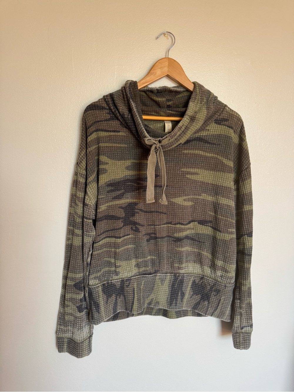 Altar'd State Olive Green Camo Waffle Knit Hooded Pullover